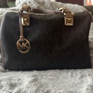Michael Kors Dark Brown MK Logo Satchel with Gold Hardware